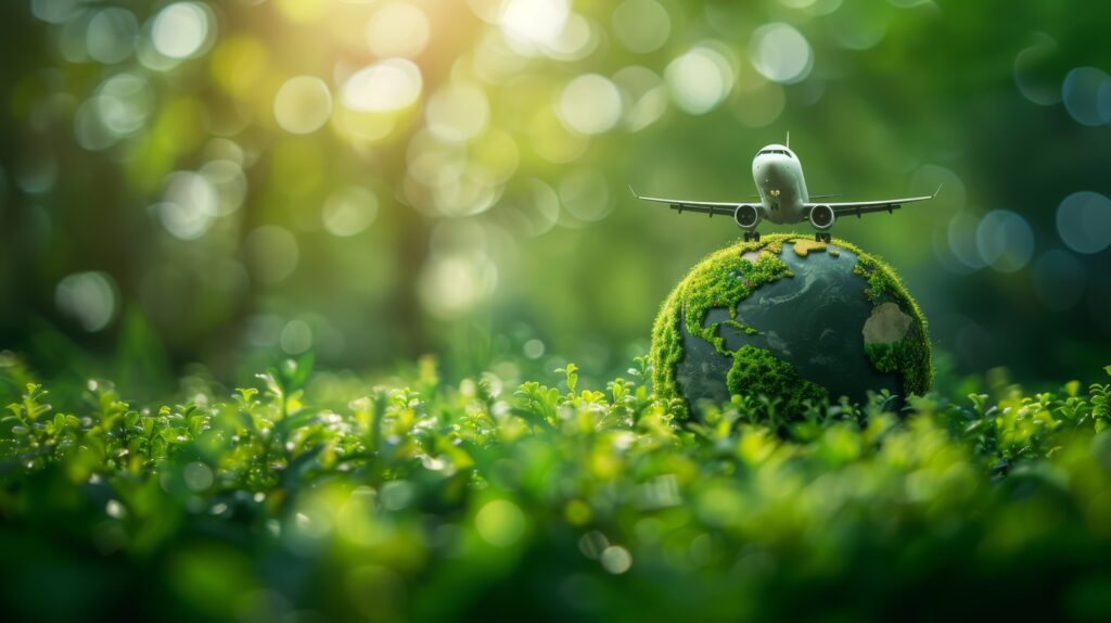 Flugzeug, welches auf dem Globus steht, im Hintergrund nur grüne verschwommene Fläche